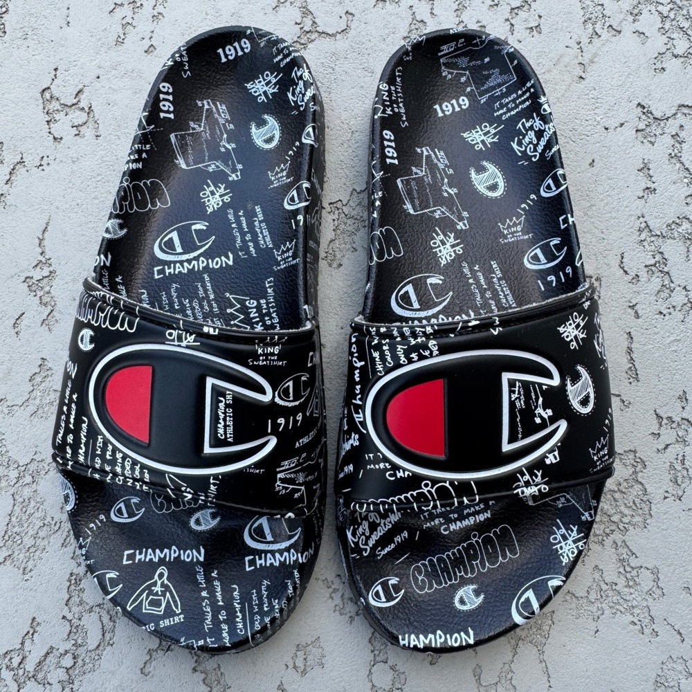 Champion Kids IPO Doodle Slides Youth 1 Black White‎ Red Casual Outdoor Sandals